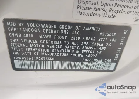 2015 Volkswagen Passat 1.8T Se z USA, uszkodzony, nr VIN 1VWBS7A31FC075556